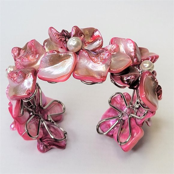 Pink Cuff Bangle with Shell and Pearls Adjustable Bracelet - NEW - Picture 5 of 11